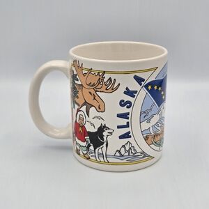 Alaska Themed Coffee Mug ACE 1986 Ceramic Vintage Plane Puffins Flag Dog